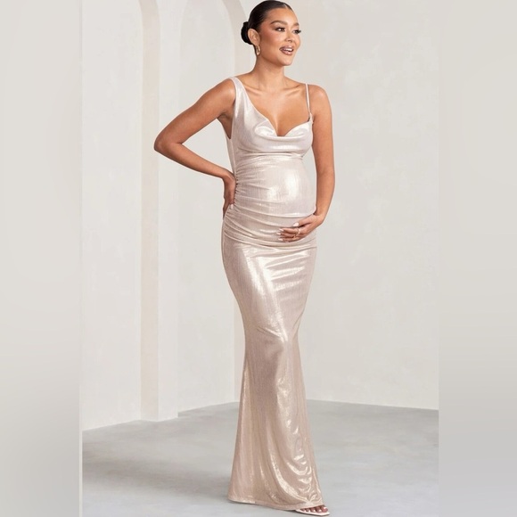 CLUB L LONDON galaxy shimmer gold Maternity Gown cowl neck size US8 - Picture 2 of 12